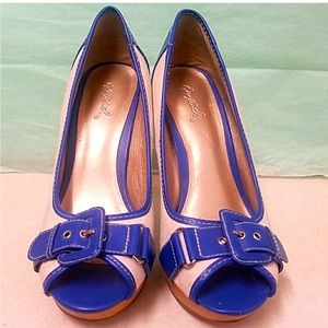 Royal Blue and Cream Heels Open Toes and Buckle. Great condition